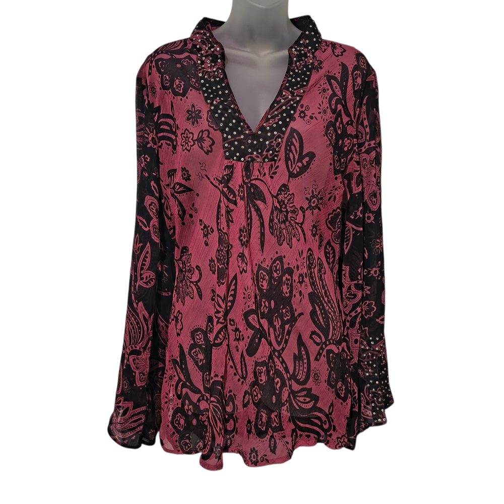 JohnPaulRichard XL Sheer Sequin Accent Red Black Floral Blouse Whismigoth Fairy